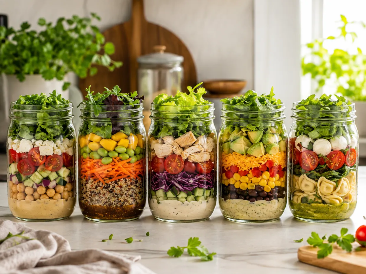 Cinco potes de salada em camadas alinhados sobre a bancada da cozinha, cada um com o molho no fundo e as folhas em cima