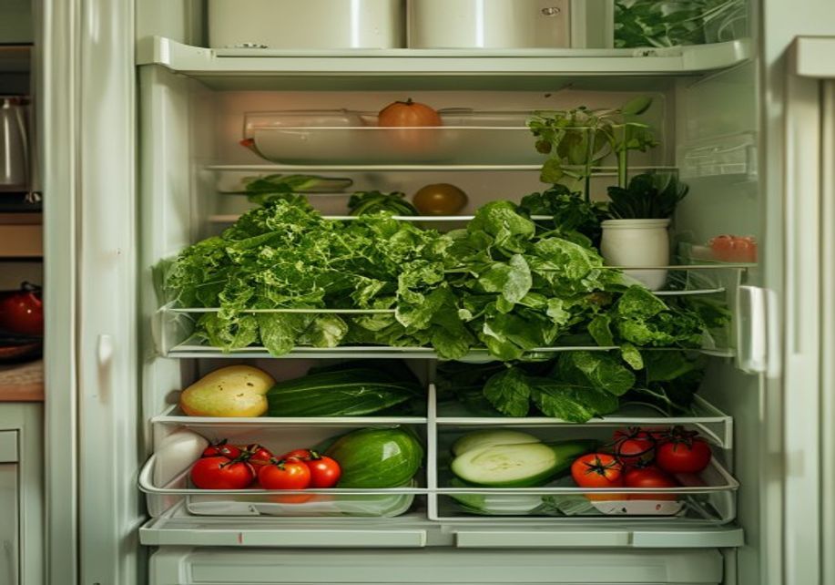Uma geladeira aberta com verduras soltas e sem preparo, nada pronto pra comer