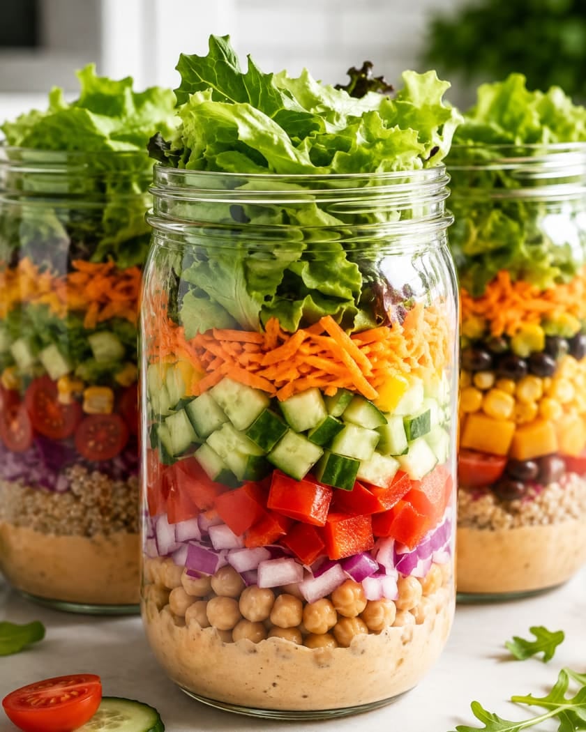 Três potes de vidro com salada em camadas: molho no fundo, grão-de-bico, cebola roxa, pimentão, pepino, cenoura e folhas verdes no topo