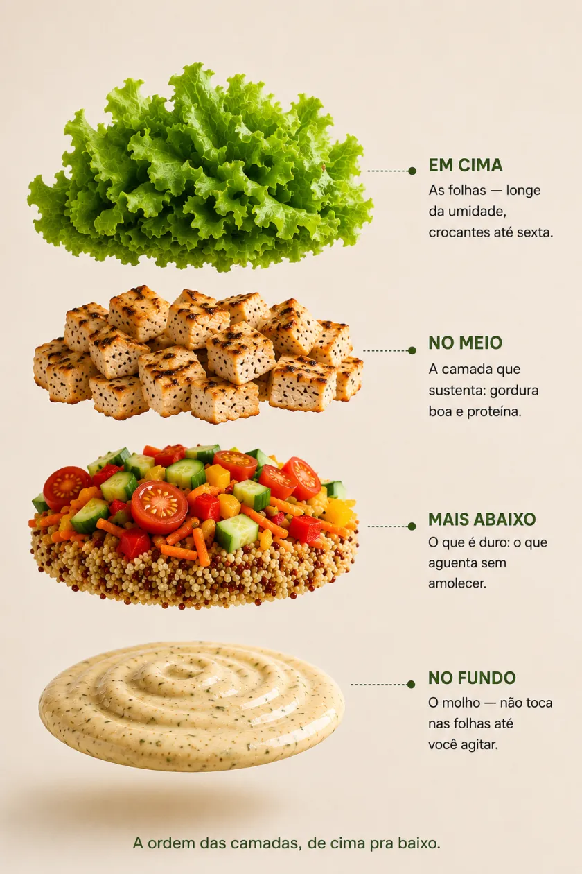 A ordem das camadas, de cima pra baixo: em cima as folhas, longe da umidade e crocantes até sexta; no meio a camada que sustenta, com gordura boa e proteína; mais abaixo o que é duro, o que aguenta sem amolecer; e no fundo o molho, que não toca nas folhas até você agitar.